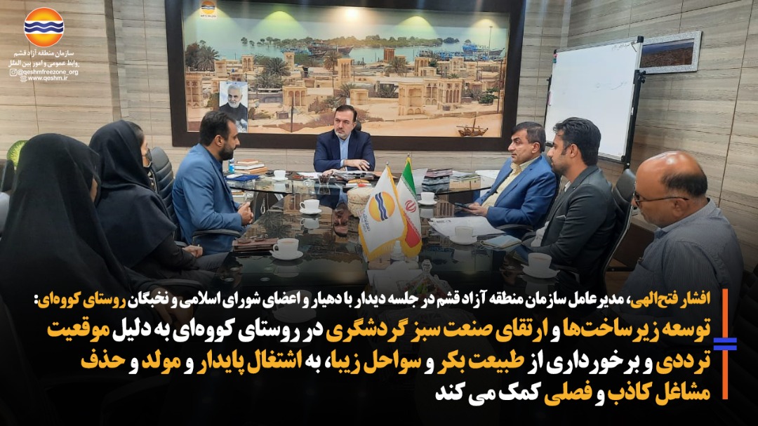 افشار فتح‌الهی، مدیرعامل سازمان منطقه آزاد قشم در جلسه دیدار با دهیار و اعضای شورای اسلامی و نخبگان روستای کووه‌ای: