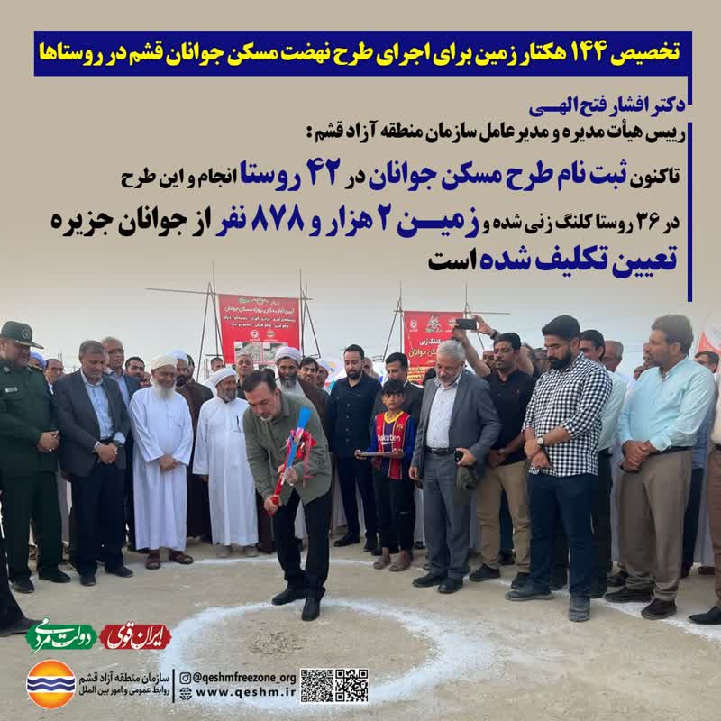 تخصیص 144 هکتار زمین برای اجرای طرح نهضت مسکن جوانان قشم در روستاها